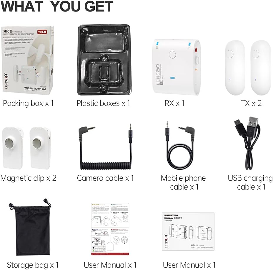 LENSGO 318C II 2.4GHz Dual Clip on Wireless Lavalier Microphone for DSLR/SLR Camera Camcorder iPhone Android Rechargeable Lapel Mic for Video Recording Interview TikTok YouTube Live Streaming -B