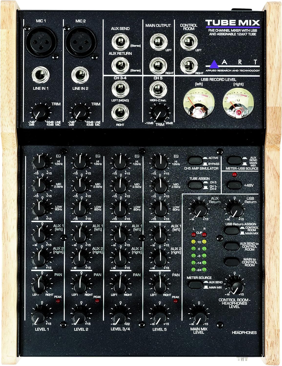 ART TubeMix Five Channel Mixer with USB and Assignable 12AX7 Tube, Black