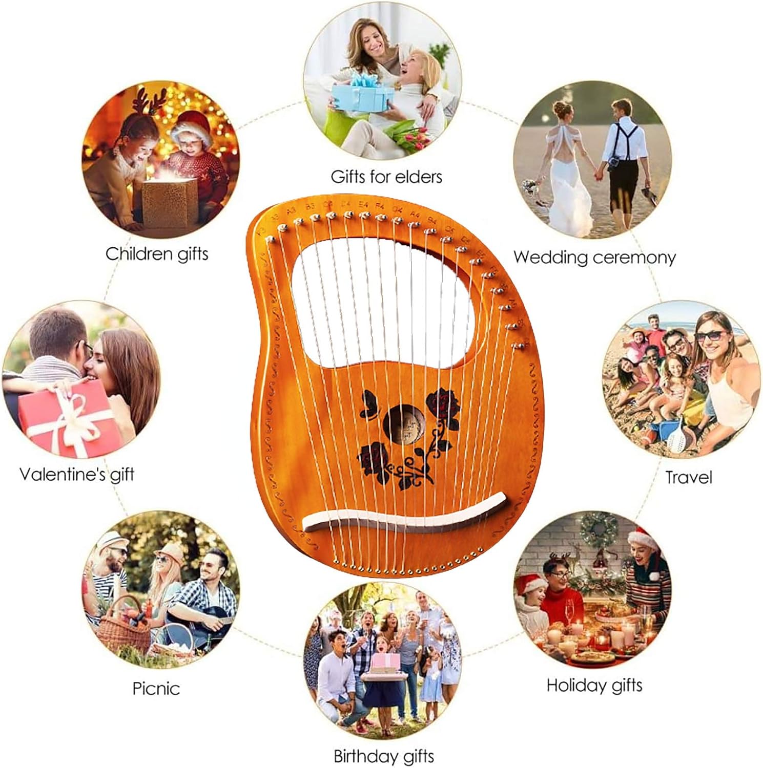 Lyre Harp 19 String Solid Wood String Instrument Heptachord Mahogany with Tuning Wrench, Picks and Bag, Best gift for Beginners Music Lovers (Color : F)