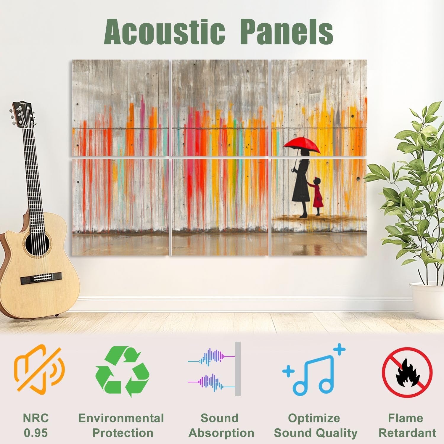 6 Pack Art Acoustic Panels Sound Absorbing Raining Day Colorful Graffiti Street Famous Modern Inspirational Grey Decorative Soundproof Wall Panels Self Adhesive for Recording Studios Office 72