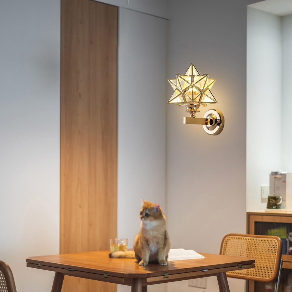 Moravian Star Wall Light Fixture, Gold Wall Sconces Set of 2 Modern Vanity Lighting Fixtures with Clear Shade, Indoor Metal Wall Mount Lamp for Living Room Bedroom Kitchen Hallway Mirror