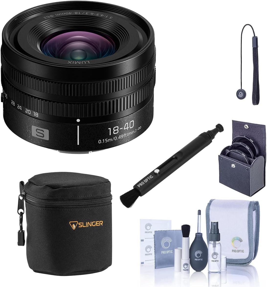 Panasonic LUMIX S 18-40mm f/4.5-6.3 Lens, Bundle with Small Lens Case, 62mm Filter Kit, Lens Pen Lens Cleaner, Cleaning Kit and Lens Cap Tether