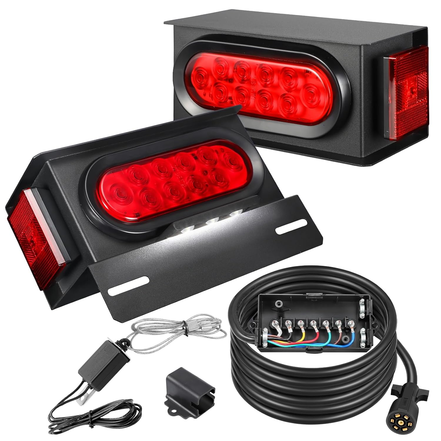 PARTSam LED Steel Trailer Light Box Housing Kit W/Oval Light, Rectangle Side Light, License Light, Heavy Duty 7 Way Plug Inline Trailer Cord with 7 Gang Junction Box 12V Breakaway Switch Plug Holder