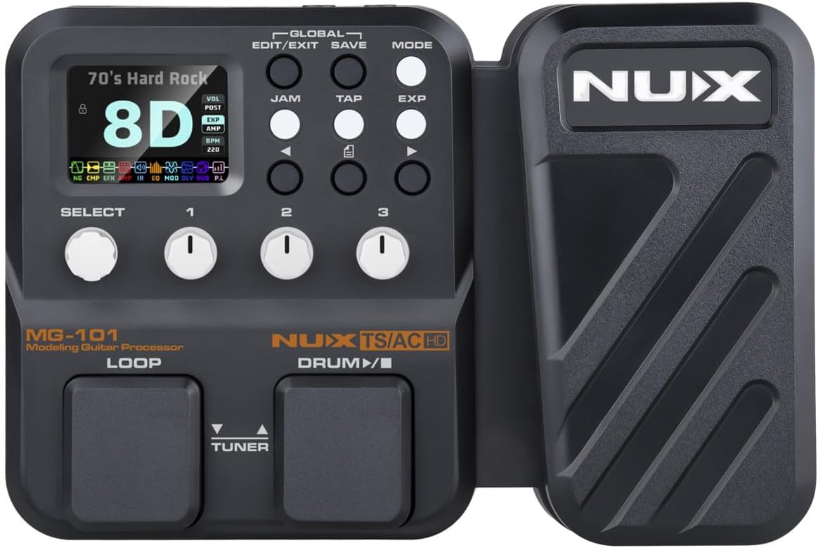 NUX MG-101 Multi Effects Pedal with 46 Effects, 25 Classic Amp Models, 512 Samples IR Resolution, 12 user-loadable IR slots, JAM–Phrase Looper, Drum Machine, Metronome Function,