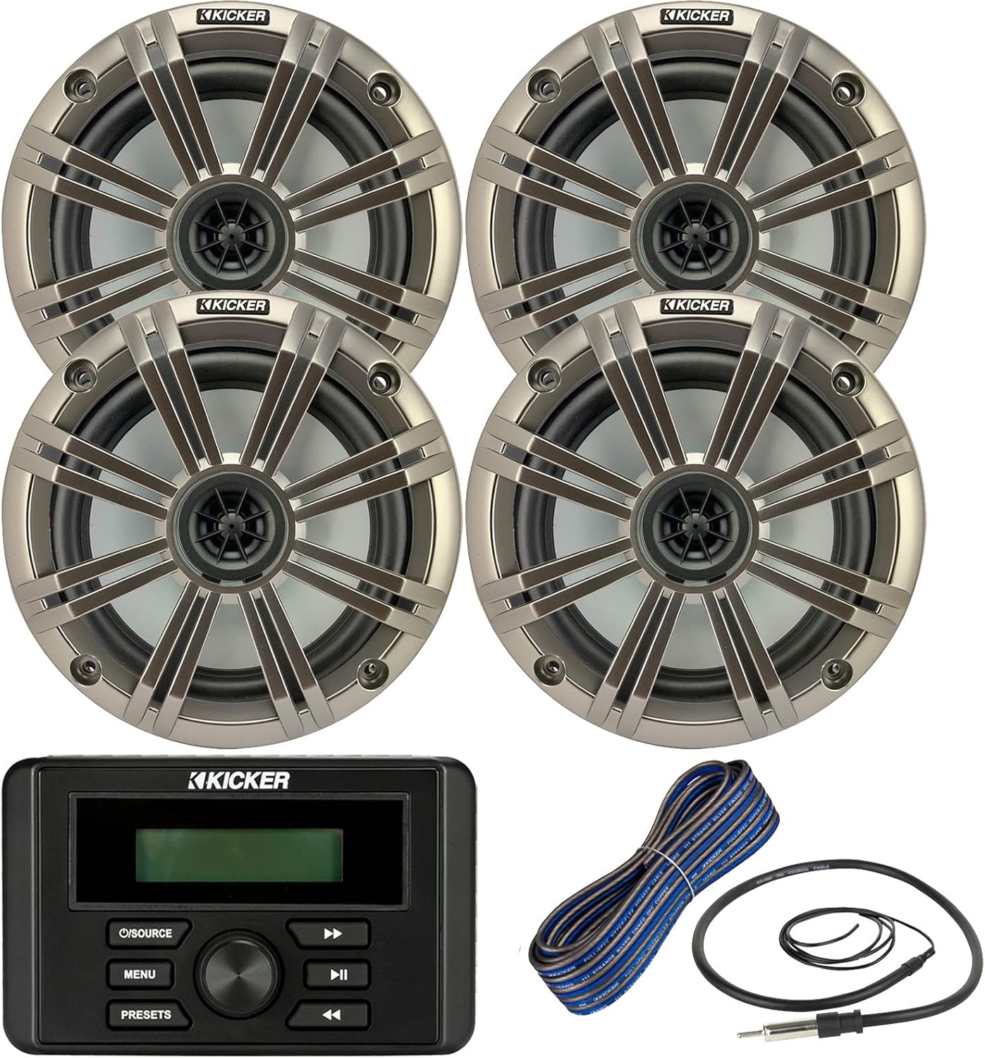 Kicker Weather-Resistant Marine Bluetooth USB RCA Stereo Receiver Bundle Combo with (QTY 4) 6.5