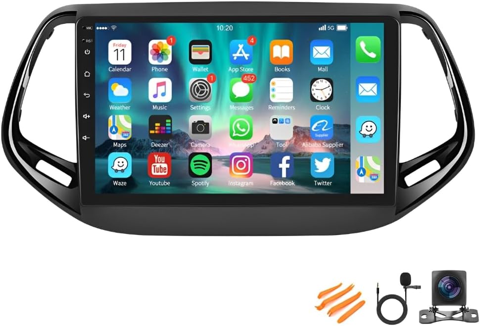 2G+64G Android Double Din Car Stereo for Jeep Compass 2017-2019 Back Camera, with Wireless CarPlay/Android Auto WiFi/USB/BT, DSP, FM/SWC, MirrorLink GPS Tracking Android 13 Radio 203