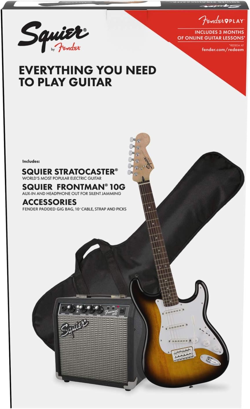 Fender Squier Stratocaster Electric Guitar Pack, Brown Sunburst, with Gig Bag, Frontman 10G, and accessories