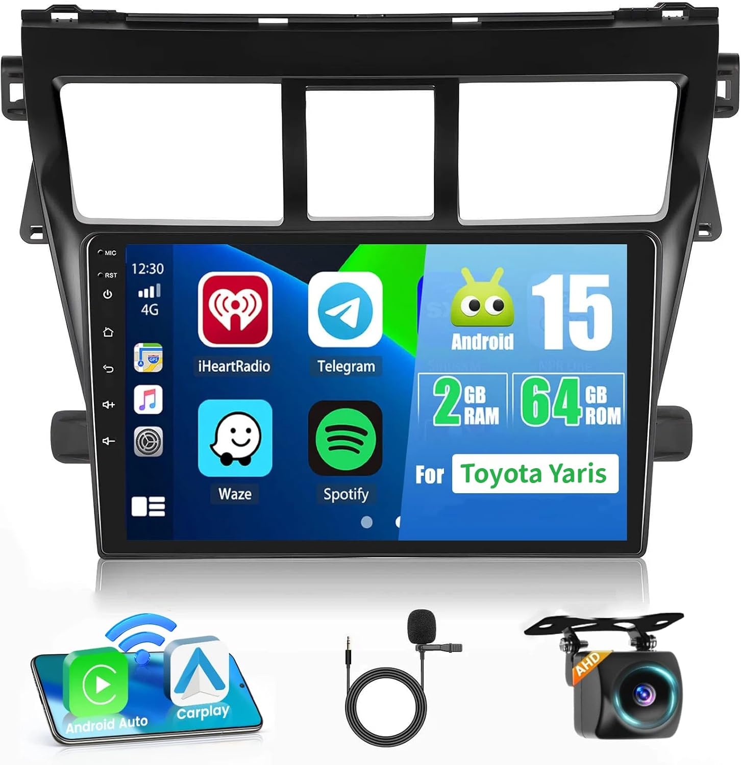 2+64G Car Stereo Radio for Toyota Yaris Vios 2007-2012,9 inch Touch Screen Radio Android 15 Wireless Apple CarPlay Android Auto DSP 32EQ 5G WiFi Bluetooth GPS FM RDS+Free AHD Backup Cam