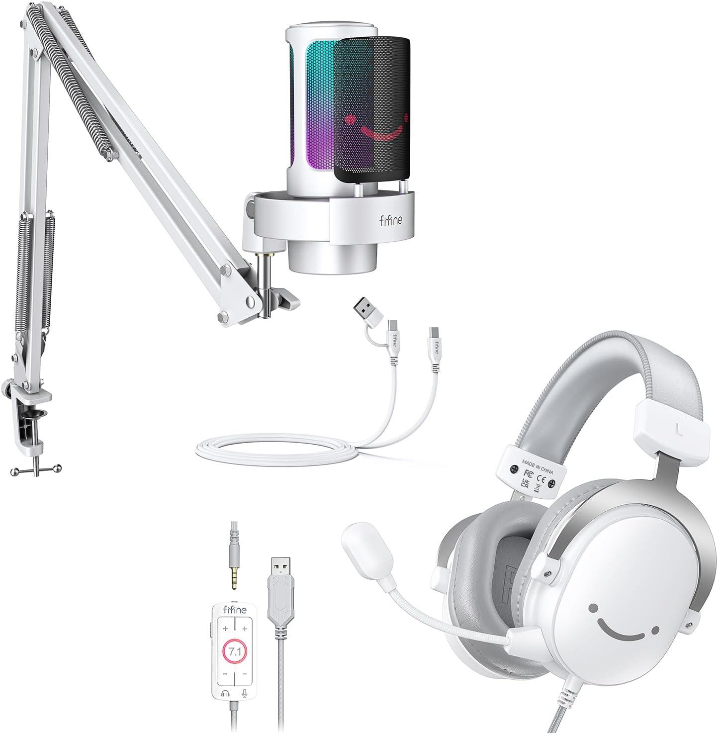 FIFINE USB PC Gaming Microphone with Headset Bundle, Condenser Computer Mic Kit with Headphones Jack, Volume Knob, Mute Button, Compatible with PS4/PS5 for Streaming, YouTube Video (A8T+H9 White)