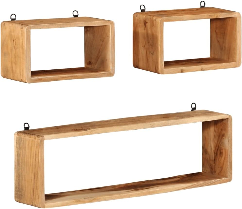 Wall Mount Floating Shelf Set of 3, Solid Wood Wall Cubes Shelves, Easy to Install, Wall Storage Organizer for Bedrooms, Bathrooms, Kitchen, Offices and Living Rooms - Brown