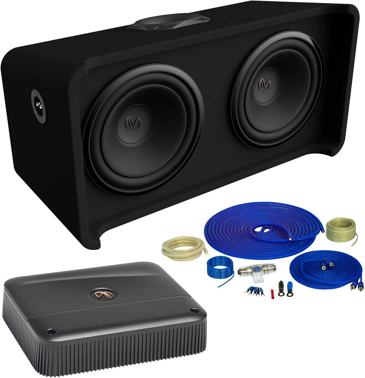 Infinity REFERENCE1200D Reference Series Dual 12” Slip Stream Ported Enclosure 2ohm with Reference6001A Mono Amplifier 600 Watt RMS and OFC Wiring Kit