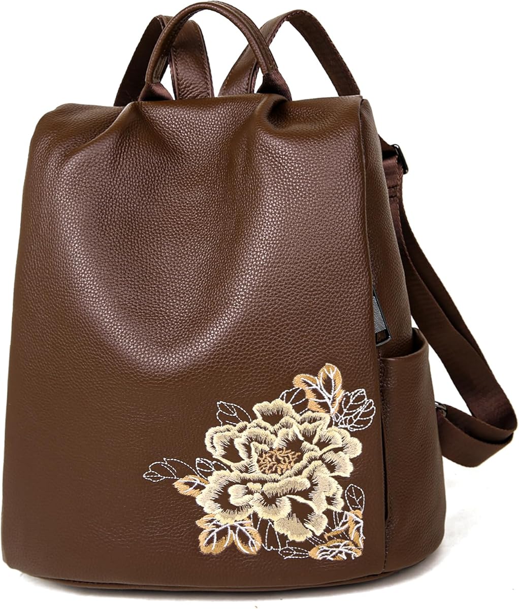 BOYATU Genuine Leather Backpack for Women: Elegant Floral Designer Purse - Small Shoulder Bag for Travel (Coffie)
