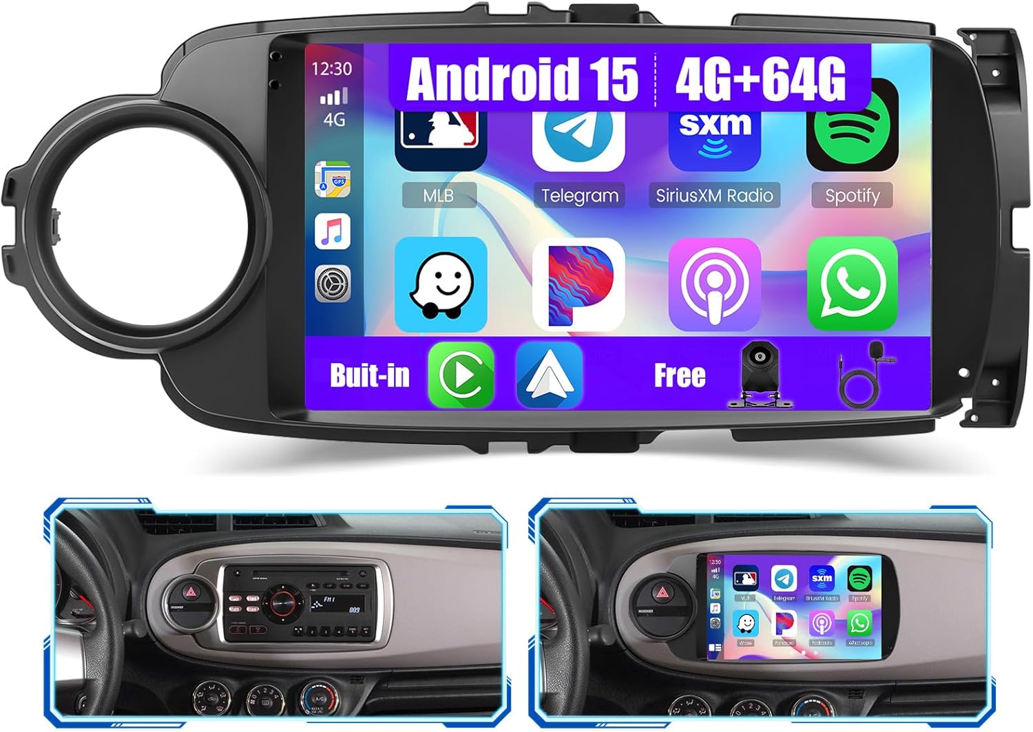 [4G+64G] Android 15 Car Stereo for Toyota Yaris 2012-2017 with Wireless Carplay/Android Auto, 9 Inch HD Touch Screen Car Radio with GPS WiFi Bluetooth FM/RDS EQ SWC Backup Camera MIC