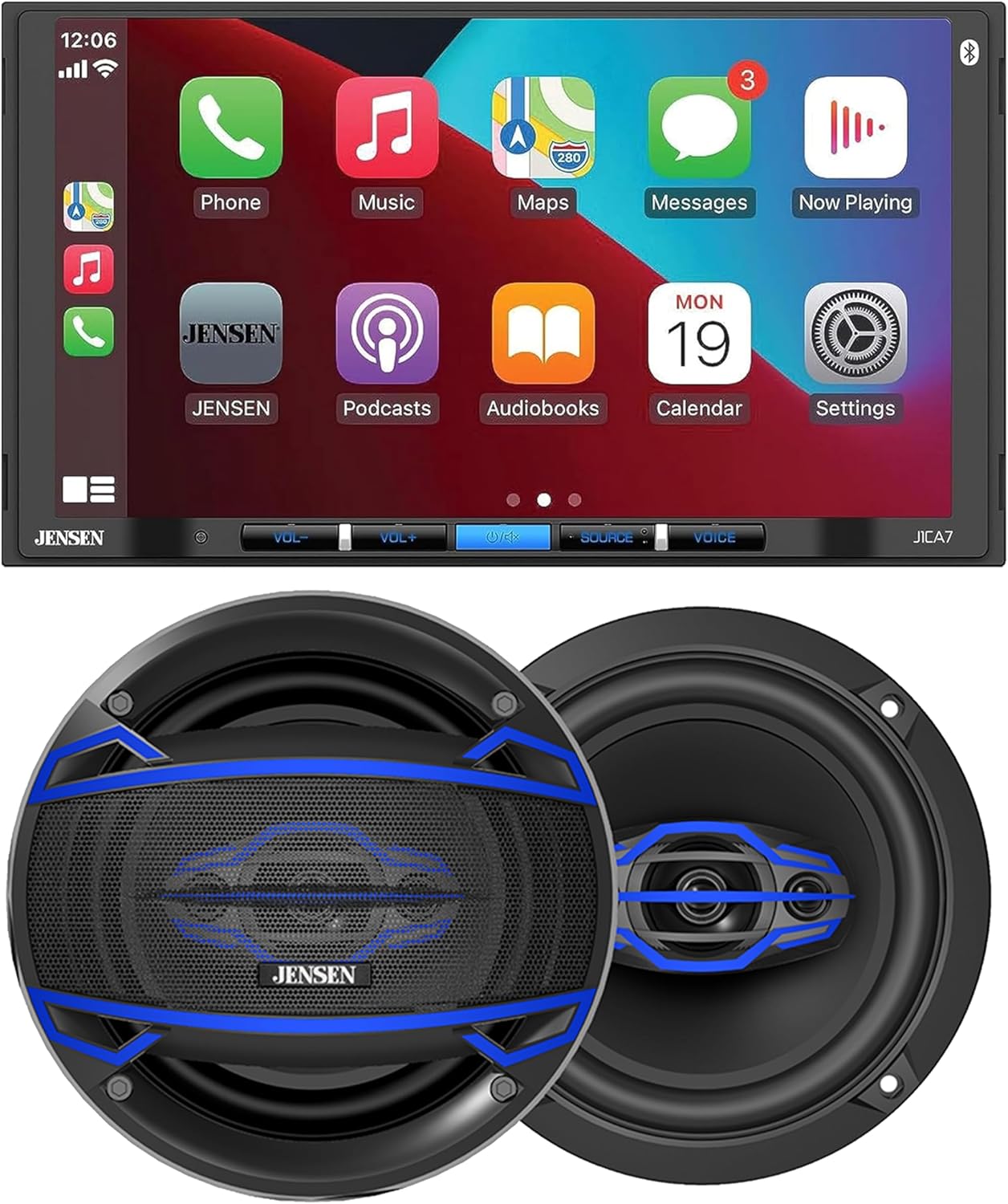 JENSEN J1CA7 7-inch Certified Apple CarPlay Android Auto Double DIN Car Stereo & JS6504 6.5 inch Car Speakers