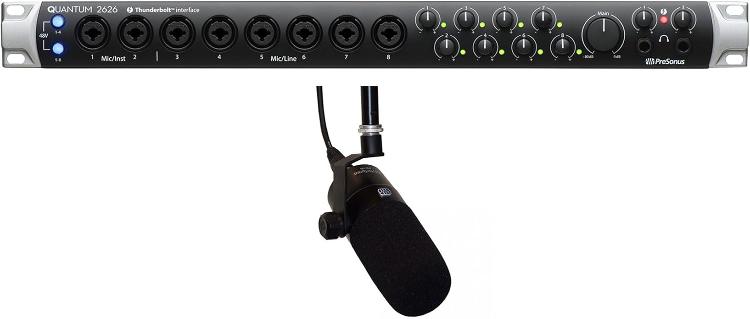 Audiosavings Bundle: Presonus Quantum 2626 26x26 Thunderbolt 3 Audio Recording Interface w/8 Preamps Bundle with Presonus PD-70 Dynamic Cardioid Broadcast Mic Podcast Recording Microphone (2 Items)
