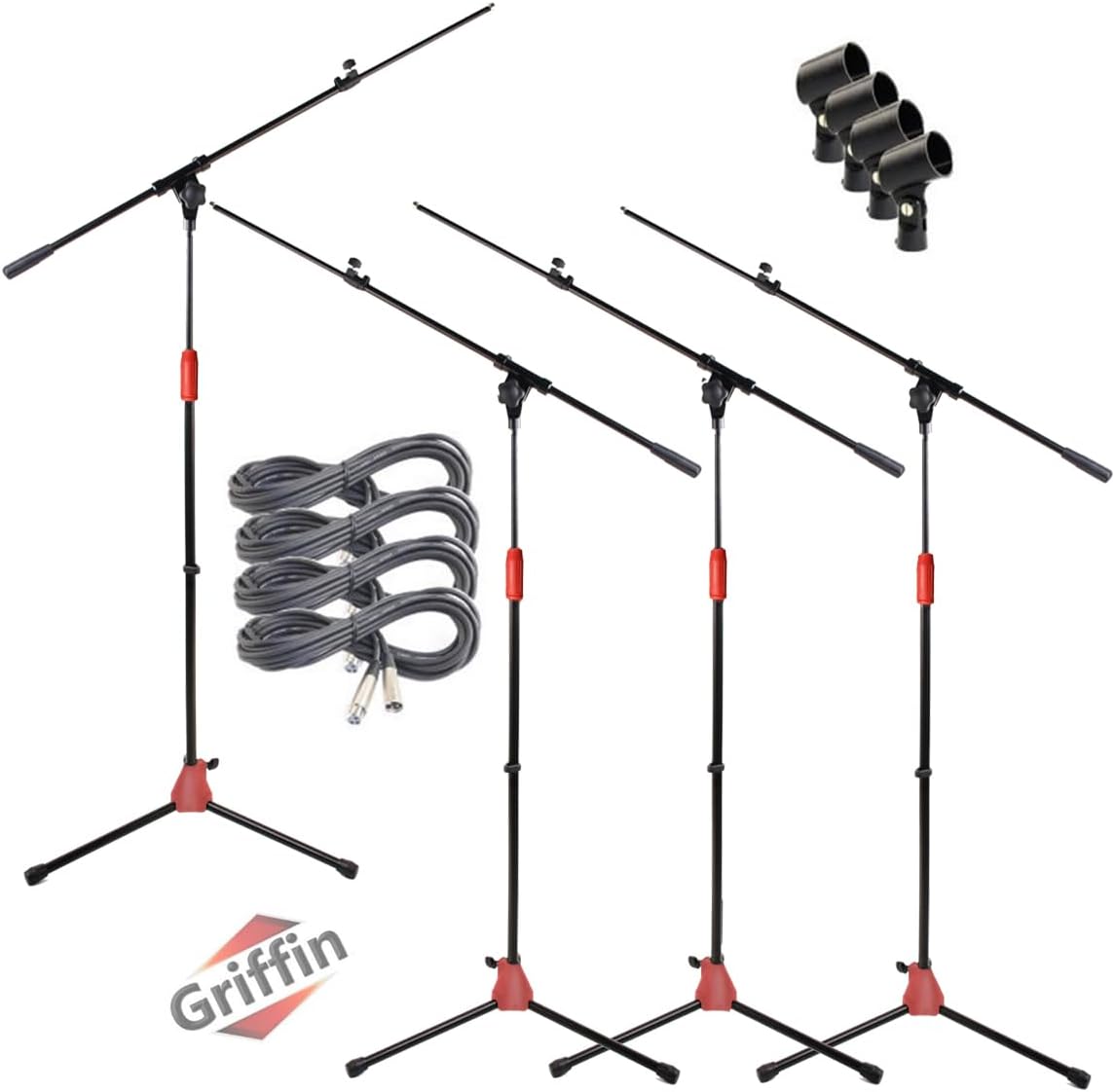 GRIFFIN 4 Pack Telescoping Microphone Boom Stands (StageLOCK Series) with XLR Mic Cables & Clips – Tripod Base for Studio, Live Karaoke, Conferences