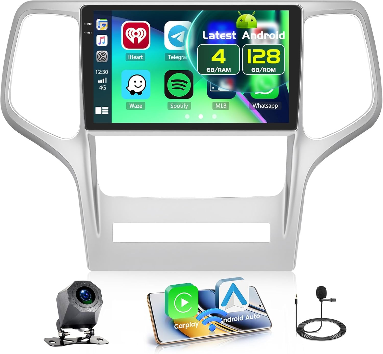 4+128GB Android 15 Car Stereo for Jeep Grand Cherokee 2010-2013 Wireless Carplay Android Auto, 9 Inch Incell Touch Screen Car Stereo with Canbus, GPS, Backup Camera, Bluetooth, FM/RDS, EQ, WiFi