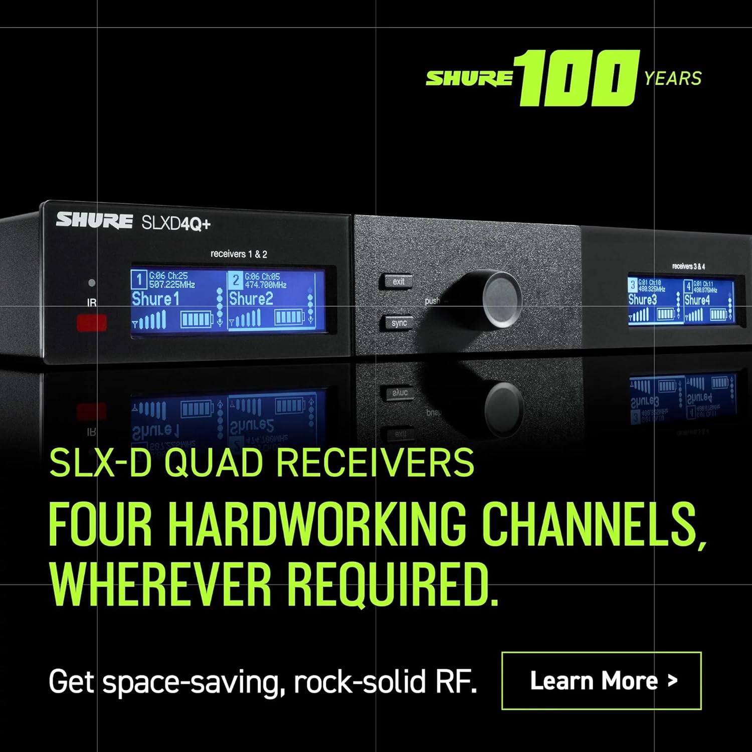 Shure SLX-D Digital Wireless Quad Receiver - 24-Bit Audio, 138MHz Wide Tuning Range, Space-Saving Design for 4 Channels (SLXD4Q+=-G57)