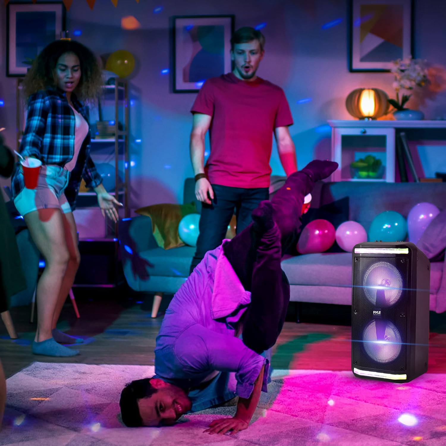 Pyle Bluetooth Speaker and PA System - Portable Stereo Karaoke System with Wired Mic, Built-in LED Party Lights, MP3/USB/Micro SD Readers, FM Radio, 8