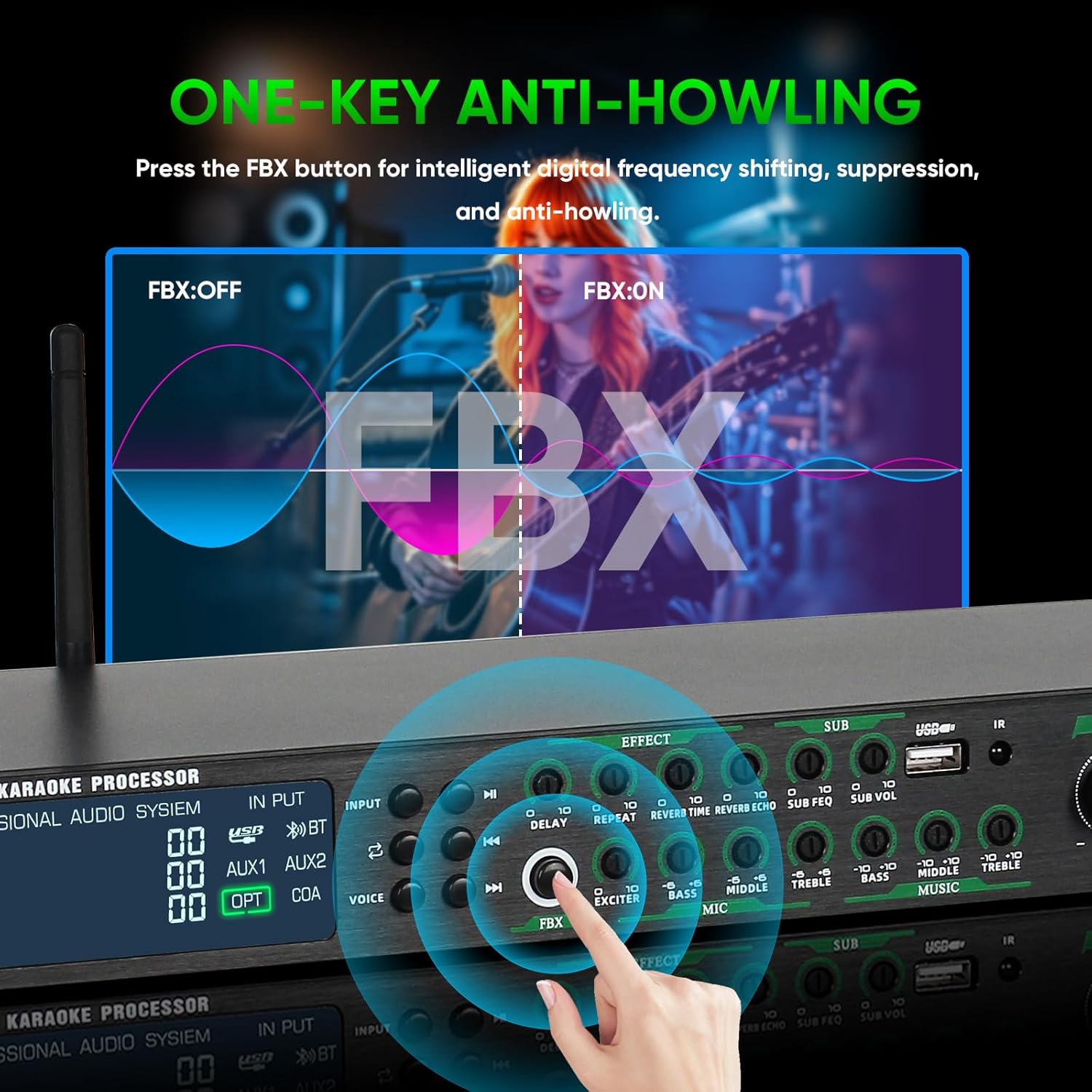 AX-666 Professional Karaoke Processor KTV Mixer with Dual Wireless Microphones, Digital Pre-Stage Effector Audio Vocal Effects Processor System with DSP Anti-Howling USB MP3 Bluetooth Optical