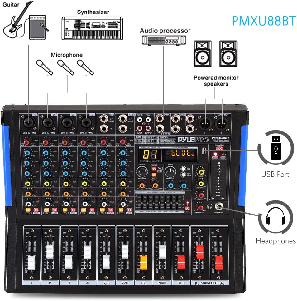 Pyle 8-Channel Bluetooth Studio Console Audio Mixer - DJ Sound Controller Interface w/ USB for PC Recording, XLR Mic Input, 48V Phantom Power, RCA Input/Output for Professional & Beginners- PMXU88BT