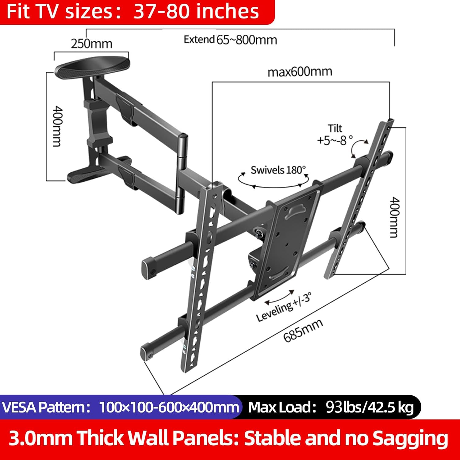 55 65 75 inch Long Arm TV Wall Mount for 37-80 Inch,Full Motion Single Arm Mount with 180°Swivel,Tilt and Level Adjustment,Max VESA 600x400mm,Corner TV Wall Mount,XL-DY658S