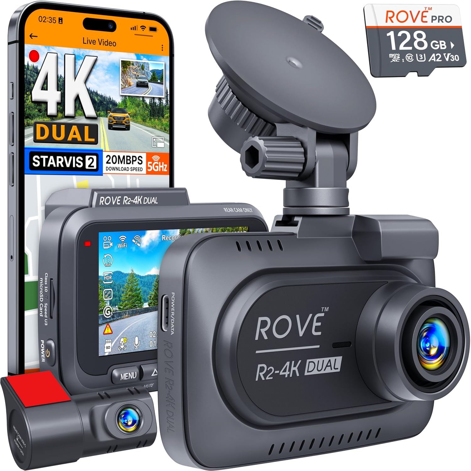 ROVE R2-4K DUAL Dash Cam Front and Rear, STARVIS 2 Sensor, FREE 128GB Card Included, 5G WiFi - up to 20MB/s Fastest Download Speed with App, 4K 2160P/FHD Dash Camera for Cars, 3
