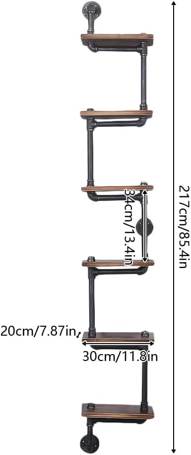 Wall Shelves Bookcase, Industrial Bookshelf 6-Tier Ladder Shelf, Vintage Metal Pipes and Wood Shelves, Rustic Display Bookshelf for Bedroom Laundry Room Bathroom Living Room Decor