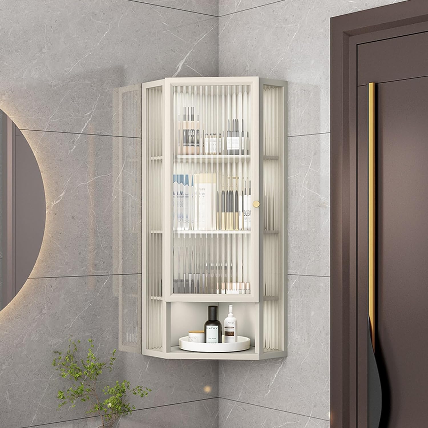 3/4 Tier Wall Mount Corner Bathroom Cabinets with Glass Door，Corner Medicine Cabinet ，Narrow Spice Rack，Makeup Organizer ，for Kitchen Living Room，Bedroom(Beige,4-Tier)