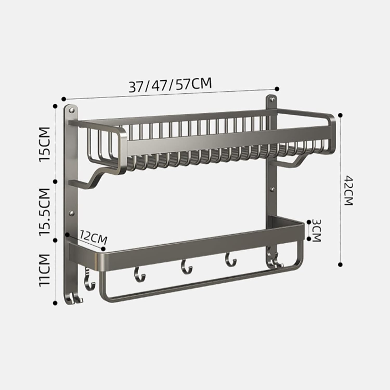 Bathroom Shelf Bathroom Wall Shelf Towel Rack with Towel Bar and Hooks, 2 Tier Shower Shelve Bathroom Shelf, Grey Wall Mount Towel Shelf Bathroom Wall Shelves (Size : L57cm)