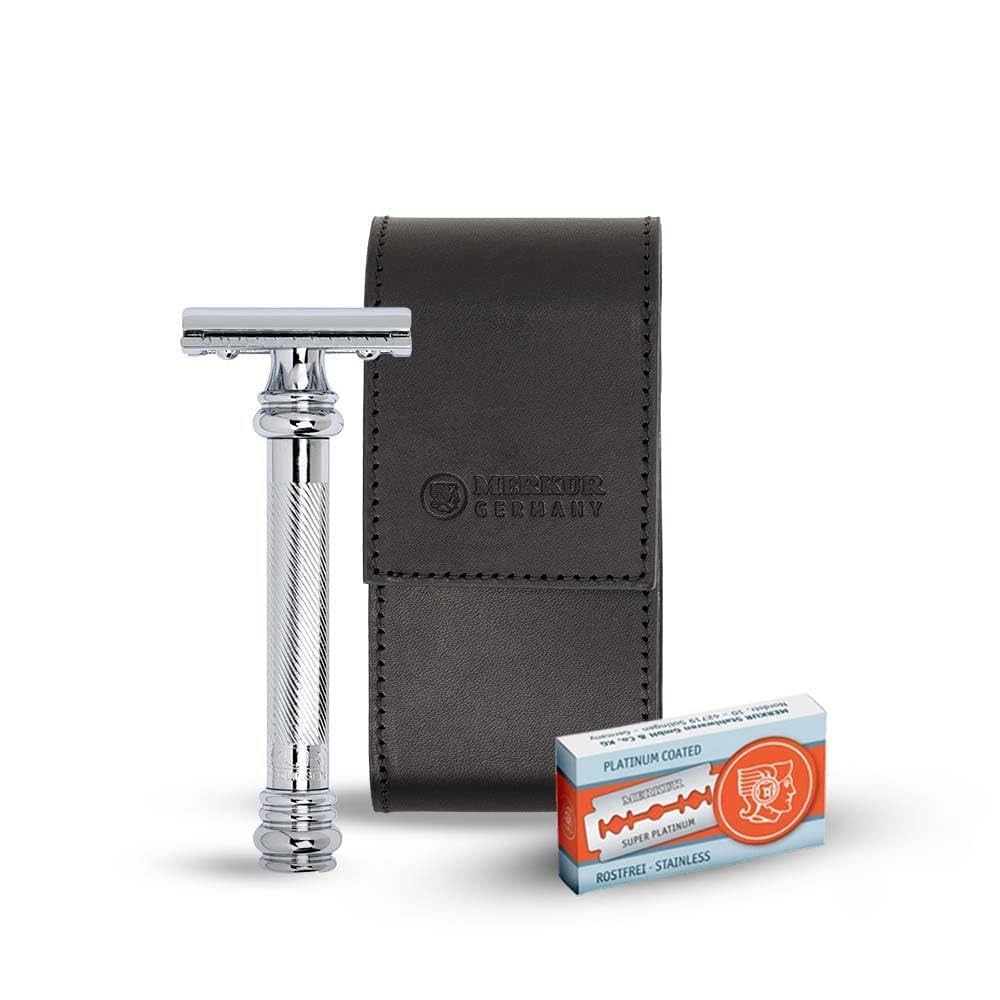 MERKUR 5004 Travel Shaving Set featuring MERKUR 38C Two-piece Safety Razor with Long Handle & Bright Chrome Finish, 10 Double Edge Blades & Black Leather Case | Made In Germany
