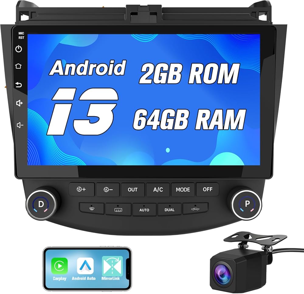 Car Radio Stereo for Honda Accord 7th 2003-2007 2GB RAM+64GB ROM Android 13 Radio Upgrade Replacement 10 Inch Touchscreen with CarPlay Android Auto with Bluetooth/GPS/FM/AM/Back Camera