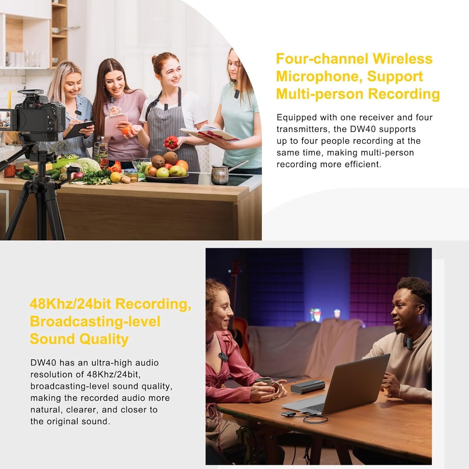 7RYMS iRay DW40 Wireless Lavalier Microphone with Four Transmitters One Charging Case Support AI Denoise, 48kHz/24bit Recording for Video Vlog, Interview, Live Streaming, Podcasting-White