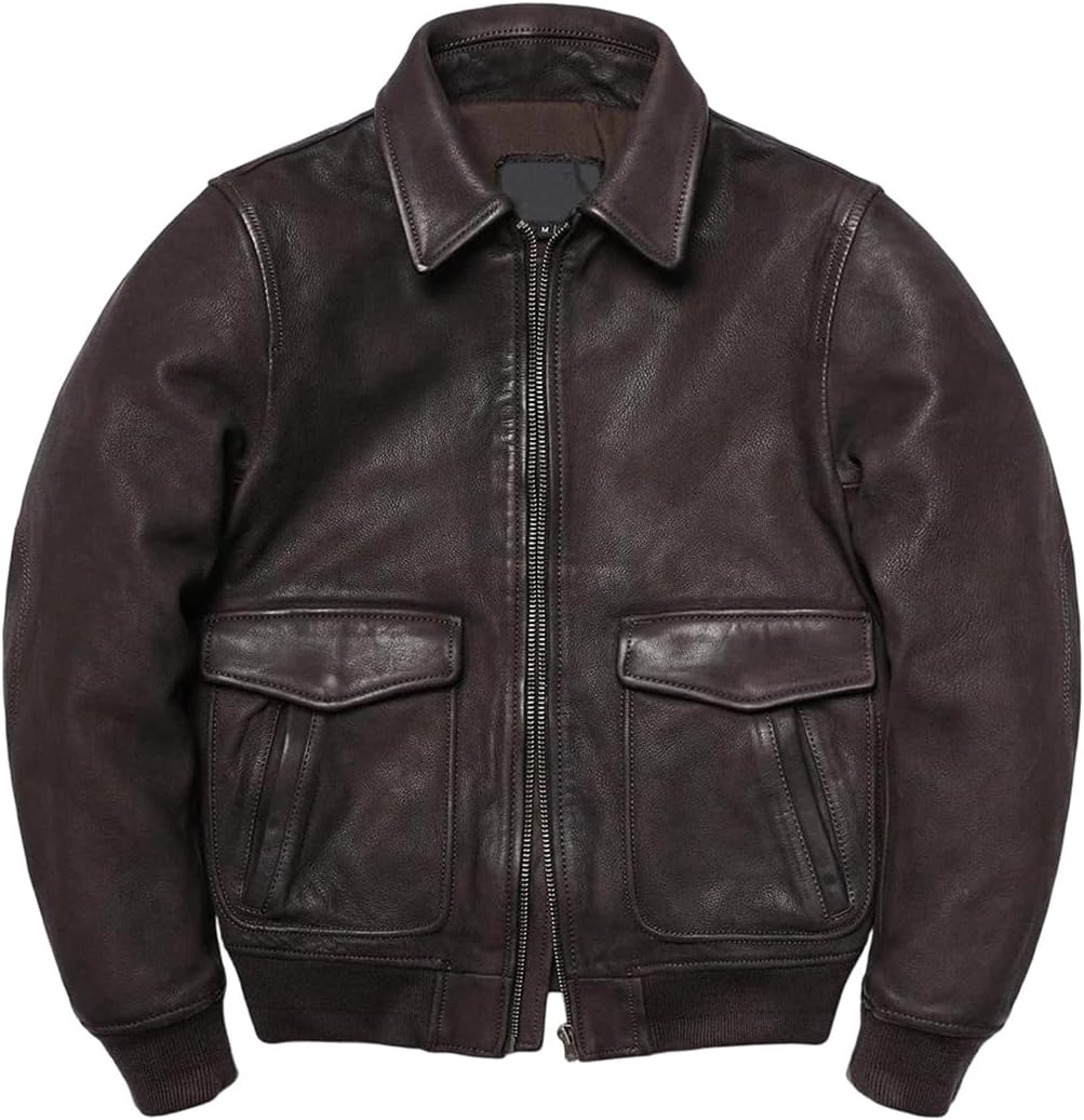 Men Force Genuine Retro Vintage Brown Thick Goatskin Flight Coat Real Sheepskin Leather Jacket