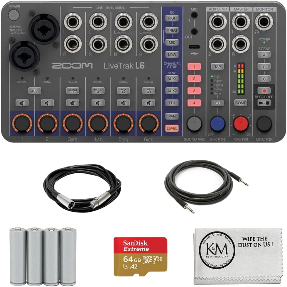 Zoom LiveTrak L-6 Portable 6-Channel Digital Mixer and Multitrack Recorder Bundle with 20ft XLR Cable + 18ft Instrument Cable + 4 Pack AA Batteries + 64GB Micro-SD Card + Cleaning Cloth (6 Item)