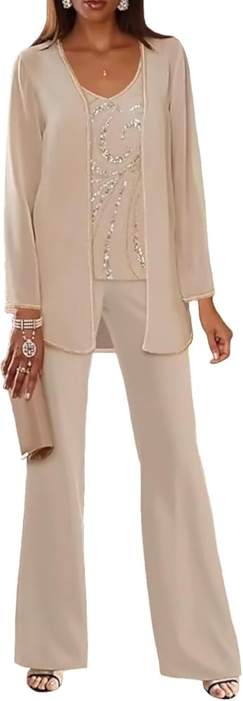 3 Pieces Pant Suits for Women Dressy - Lace Chiffon Long Sleeve Mother of The Groom Pants Suits for Wedding