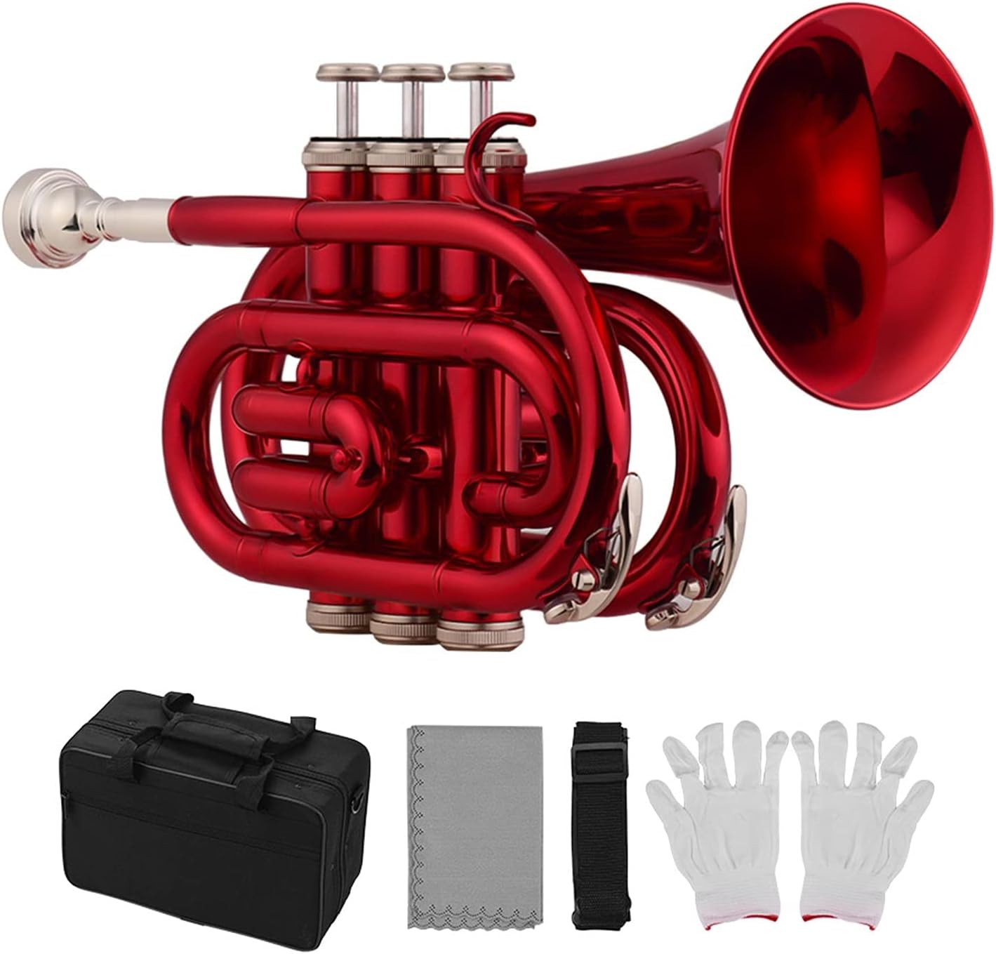KESHUO Mini Pocket Trumpet Bb Flat Brass Material Wind Instrument with Mouthpiece Gloves Cleaning Cloth Carrying Case Trumpets (Color : C)