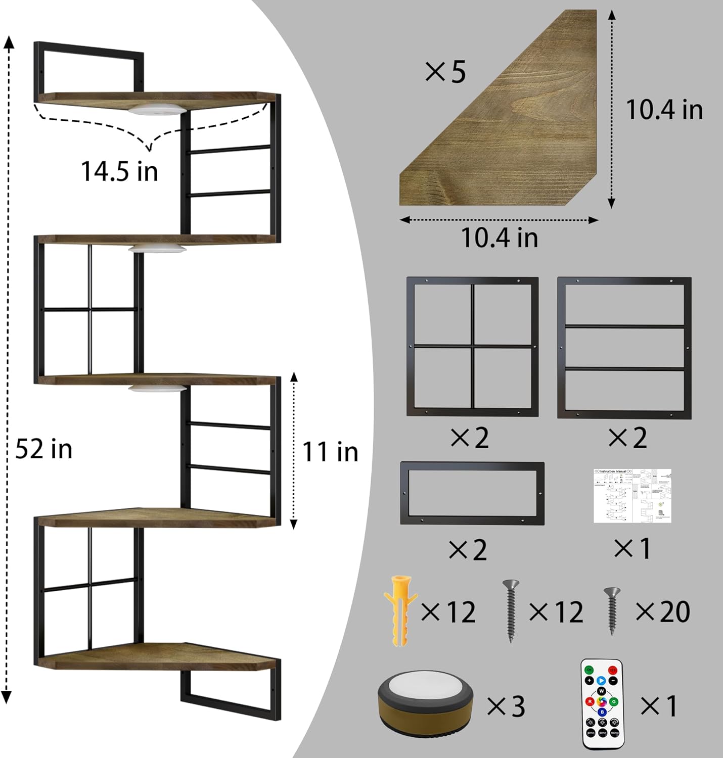 Floating Corner Shelves with Light - 5 Tiers Metal Corner Shelf Wall Mounted for Bedroom Living Room Office Kitchen, Easy-to-Assemble Corner Wall Shelves, Brown