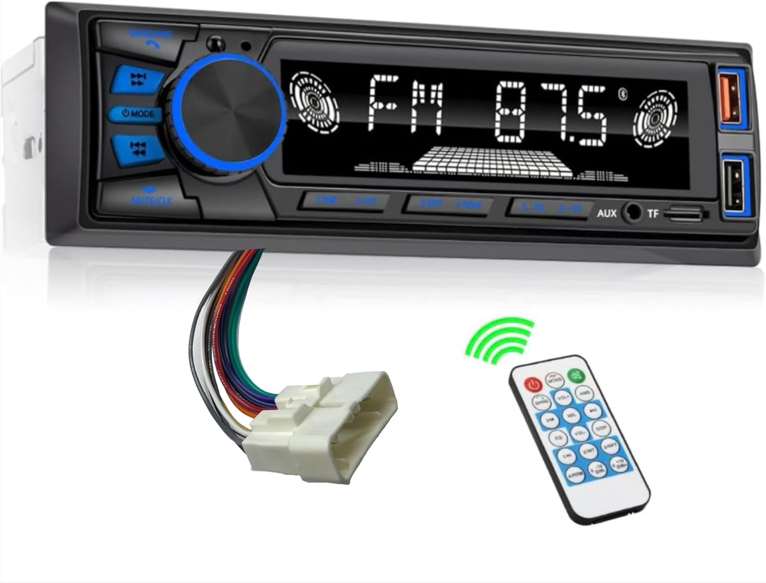 NX RX DK CK Series Bluetooth Single DIN Kioti Tractor Stereo Radio with Handsfree and App Control FM/ MP3/SD/AUX/Dual USB/EQ/Quick Charge Multi Color Backlight