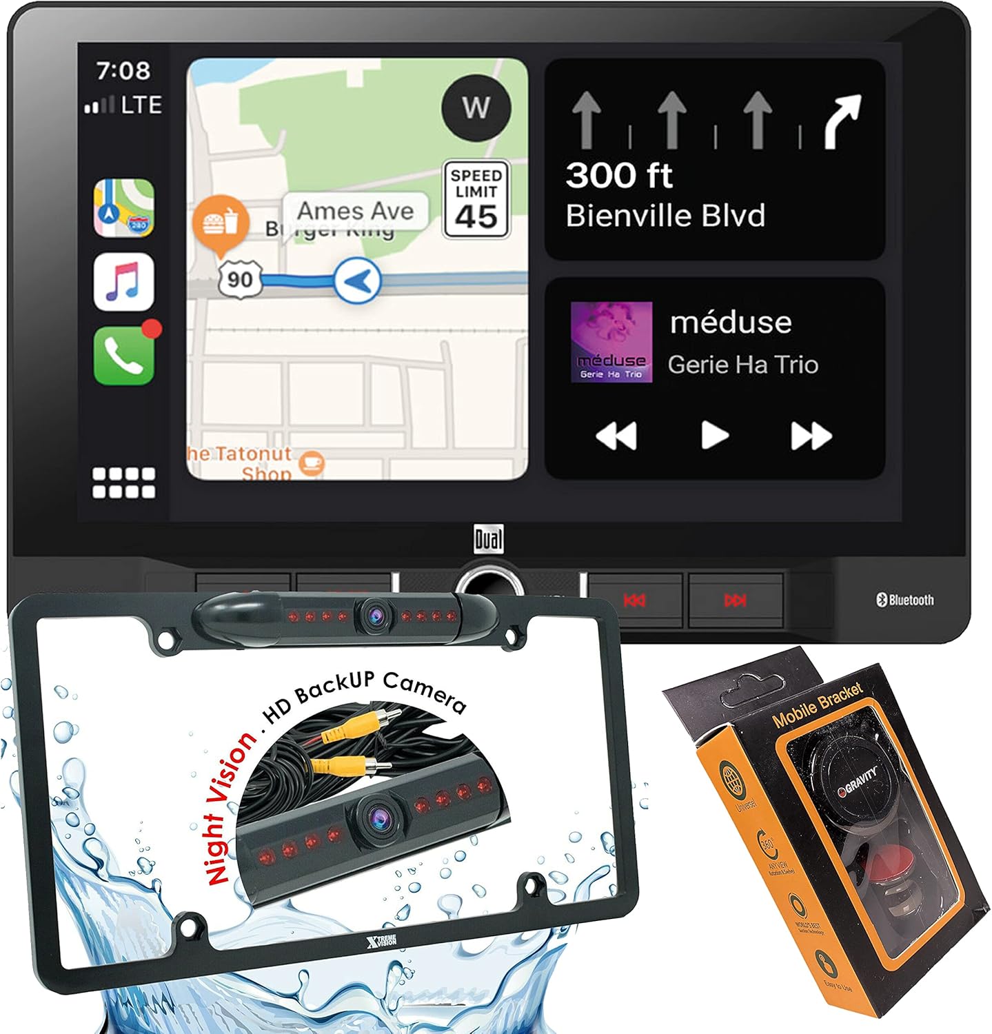 Dual Electronics DCPA901 9-Inch Single-DIN in-Dash Digital Media Receiver with Bluetooth, Android Auto and Wired Mirror Phone to The Unit with Gravity Magnet Phone Holder and Camera PK2 Bundle