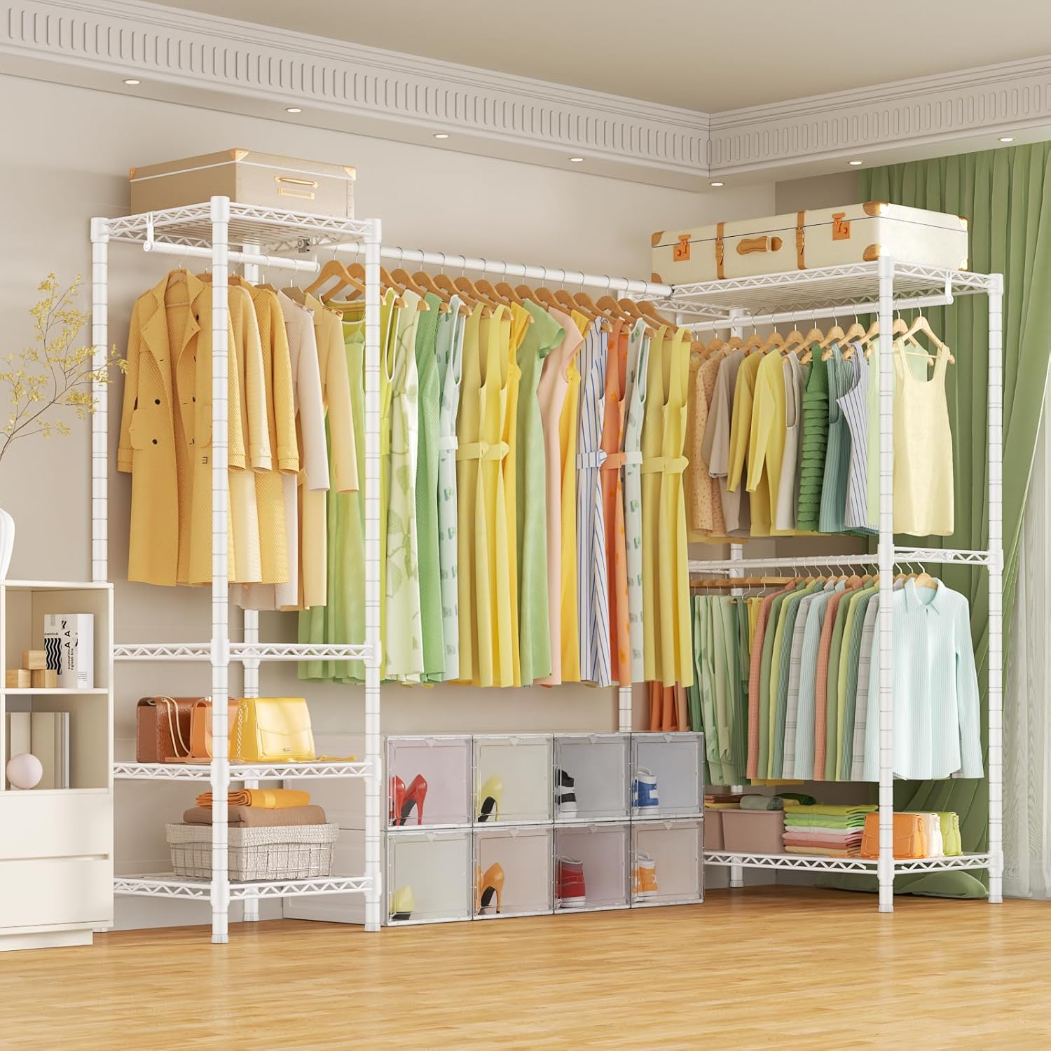 E10L L-Shaped Clothes Rack for Corner（With Expandable Hanger Rod）Heavy Duty Freestanding Clothing Racks for Hanging Clothes，Portable Garment Rack 58-82