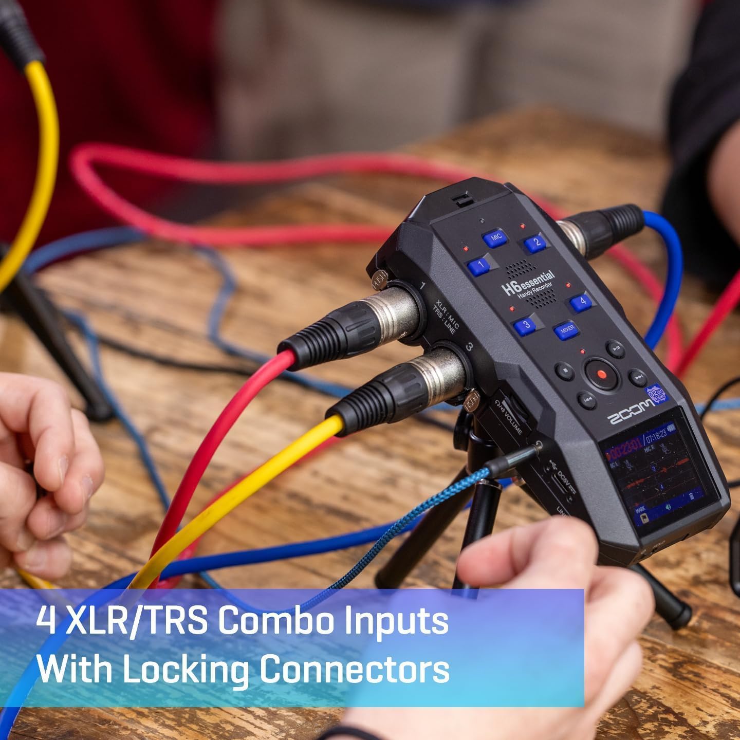 Zoom H6essential 6-Track 32-Bit Float Portable Audio Recorder Bundle With 2x Zoom ZDM-1 Podcast Mic Pack with Headphones, Windscreen, XLR Cable and Tabletop Stand