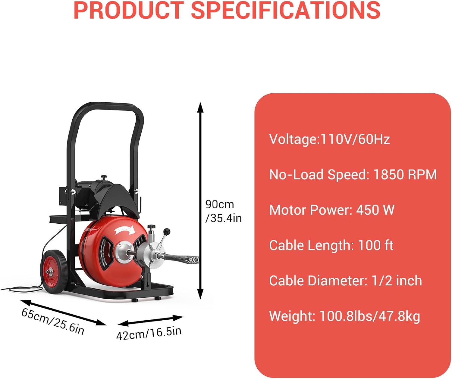 100FT Electric Drain Cleaning Machine with 1/2 Inch Cable, 450W Auto Feed Portable Sewer Snake, Air-Activated Foot Switch, 6 Interchangeable Cutters for 2