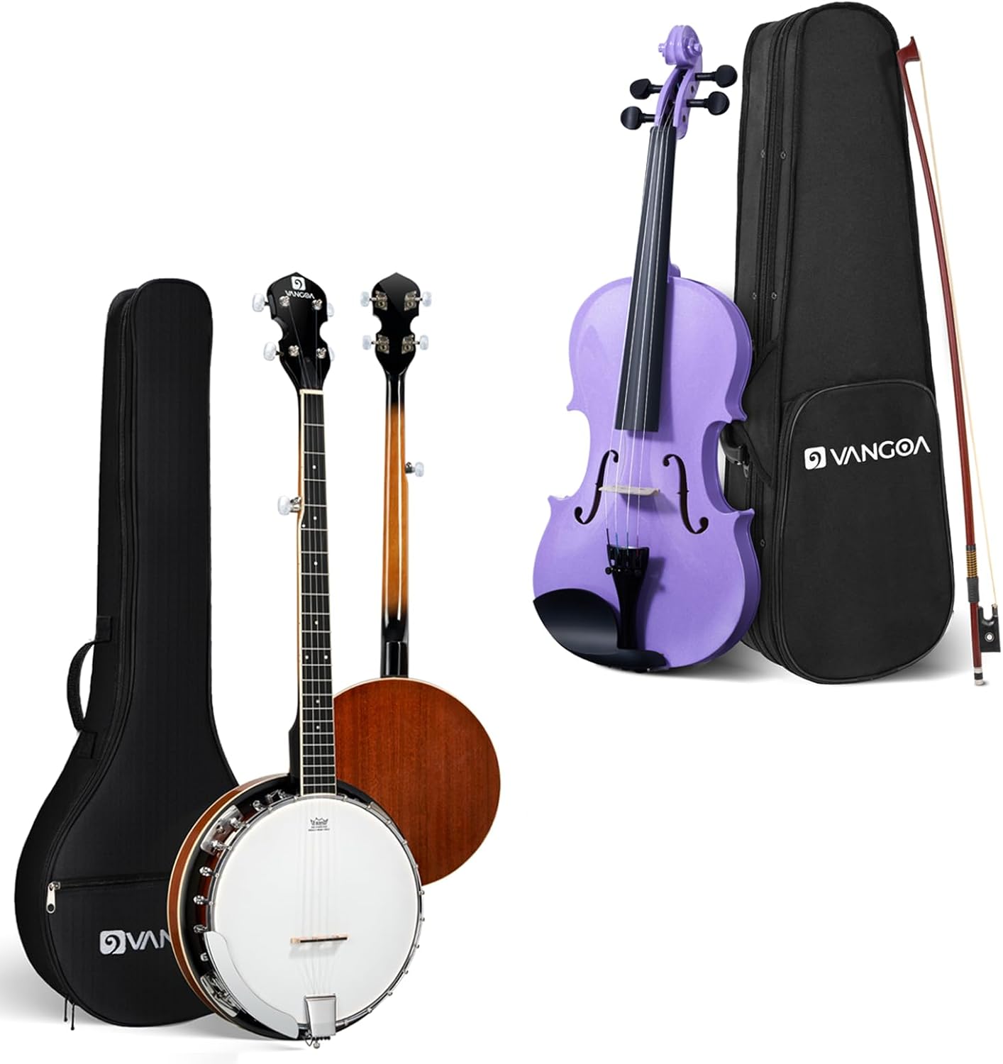 Vangoa Purple Violin 4/4 Size + 38inch 5 String Banjo Music Ultimate Bundle for Beginners Teenagers and Adults - Complete Starter Kits with Full Accessories - Ideal Musical Gift Bundle
