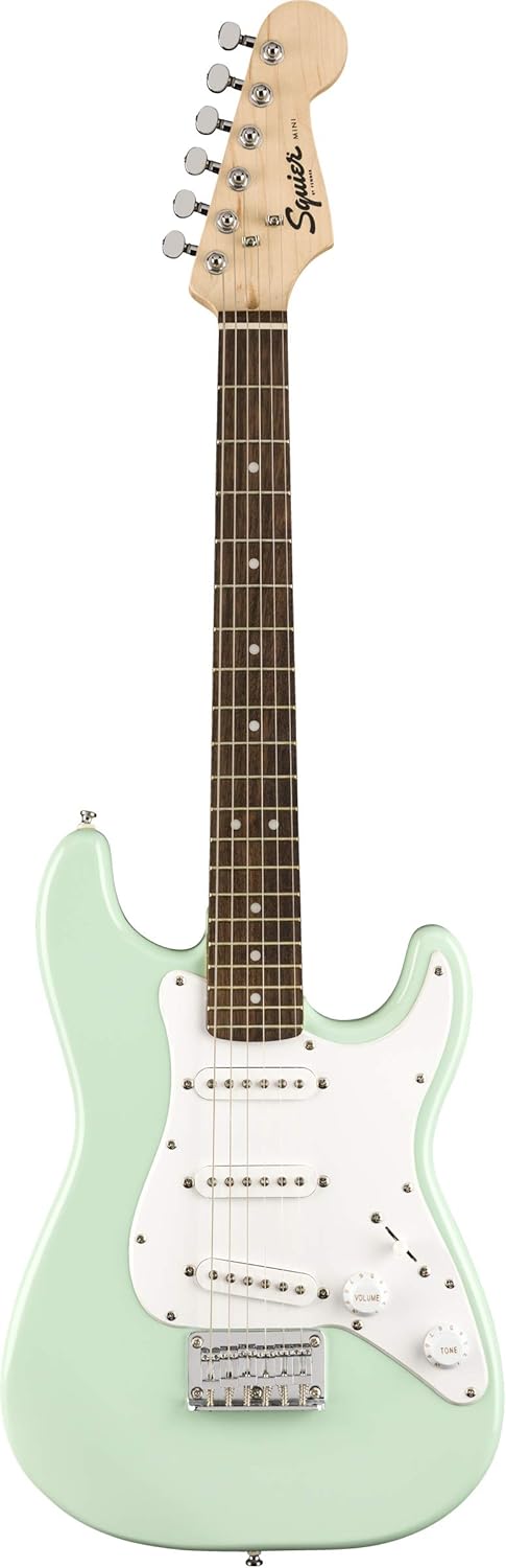 Fender Squier 3/4-Size Kids Mini Strat Electric Guitar - Surf Green Bundle with Amplifier, Instrument Cable, Tuner, Strap, Picks, Online Lessons, and Austin Bazaar Instructional DVD