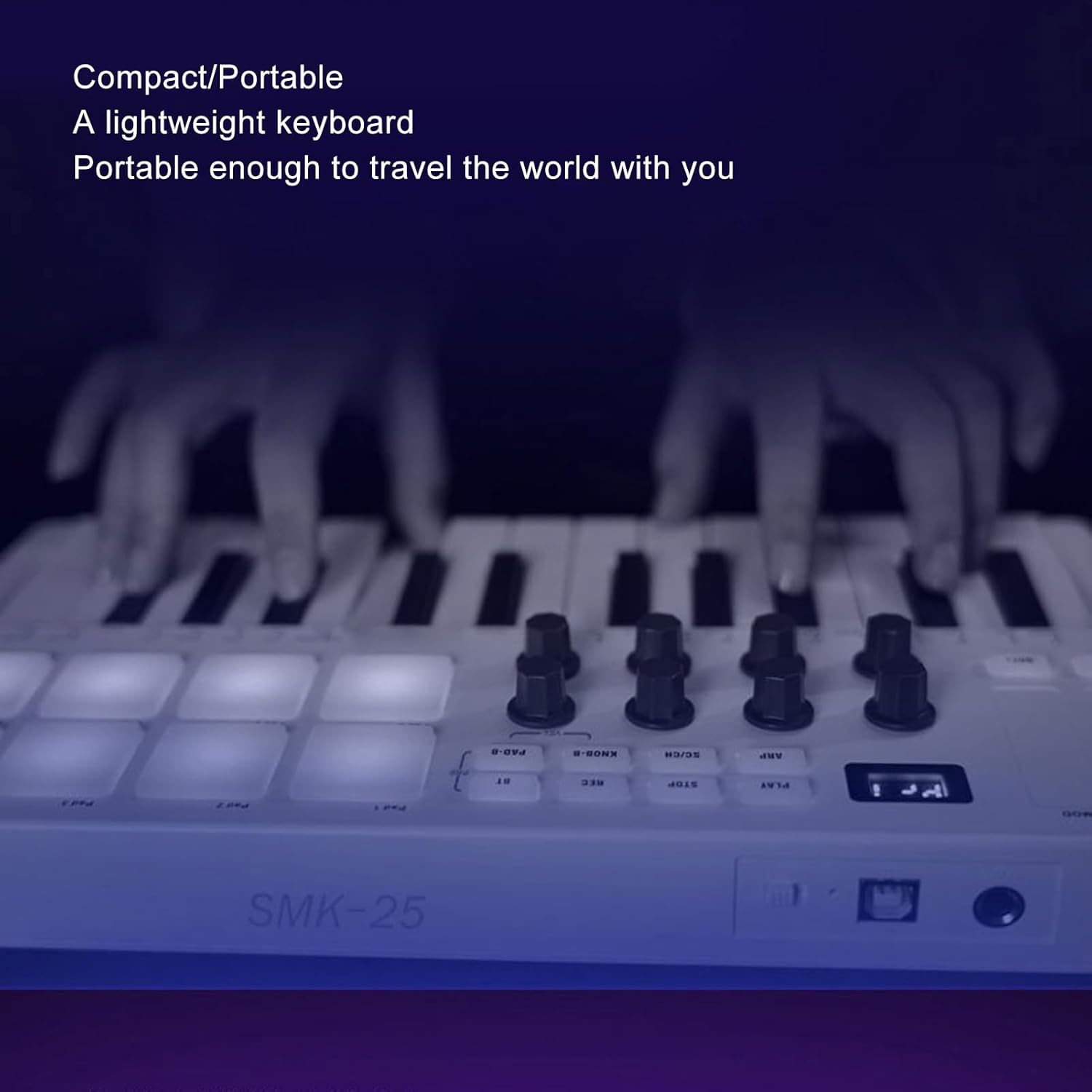 Professional MIDI Keyboard, Bluetooth USB MIDI Keyboard Controller, with 25 Key 8 Backlit Drum Pads 8 Knobs, for Musician Music Production