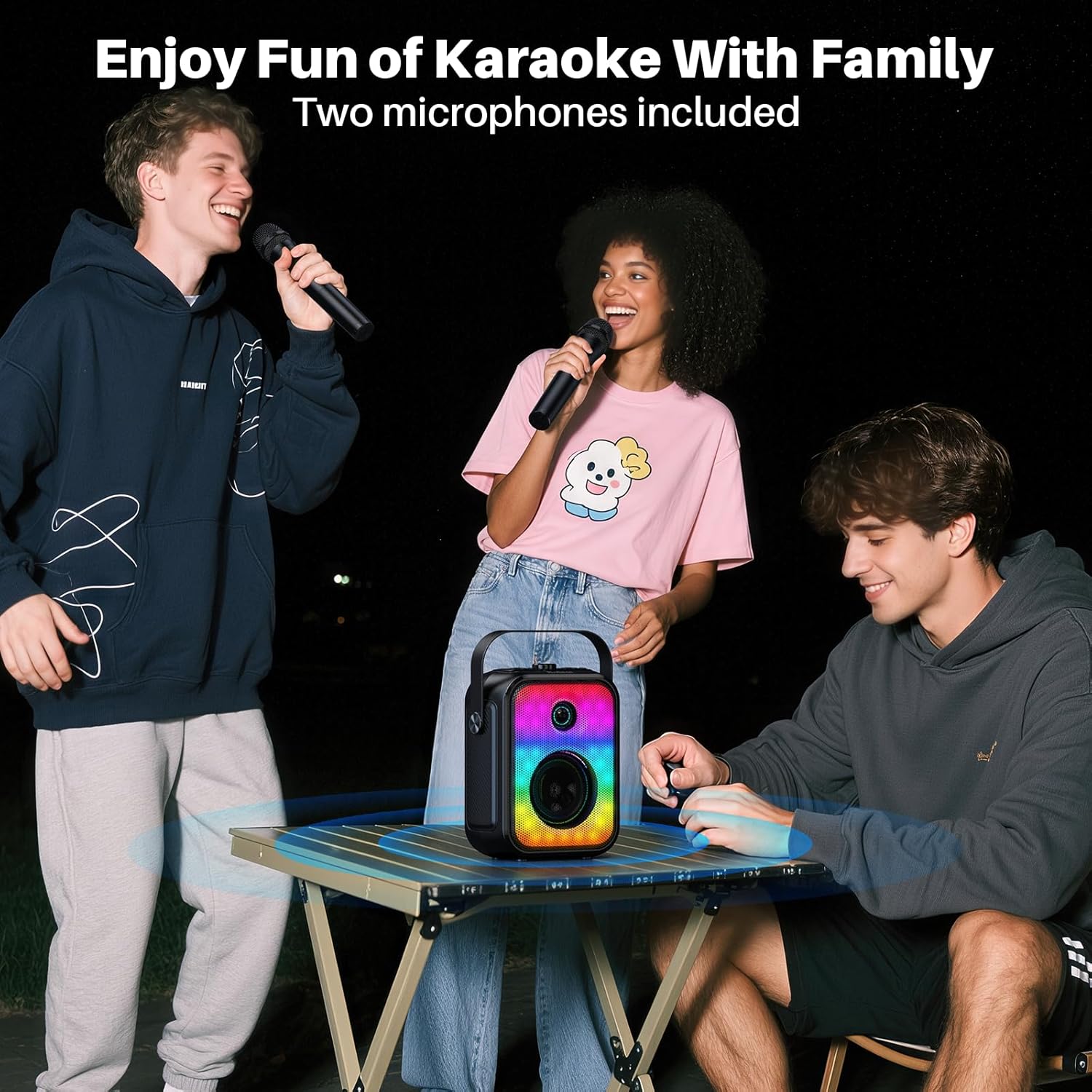 Karaoke Machine, Portable Bluetooth Speaker with 2 Wireless Karaoke Microphones, Karaoke Machine for Adults Kids with Subwoofer, LED Light Support TWS/FM/USB/AUX for Home Party Outdoor