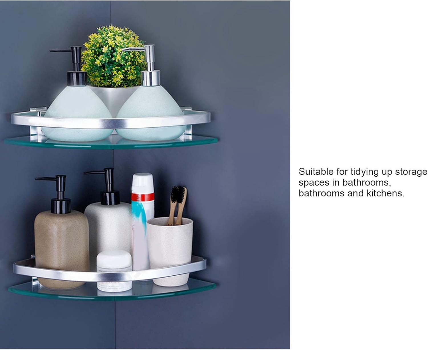 Bathroom Storage,Shower Shelf, Bathroom Corner Glass Shelf 8MM-Thick Lavatory Wall Mount Triangular Single Layer with Rail 9.8x9.8x2.0 inch Clear Glass Corner Shelf,Rack