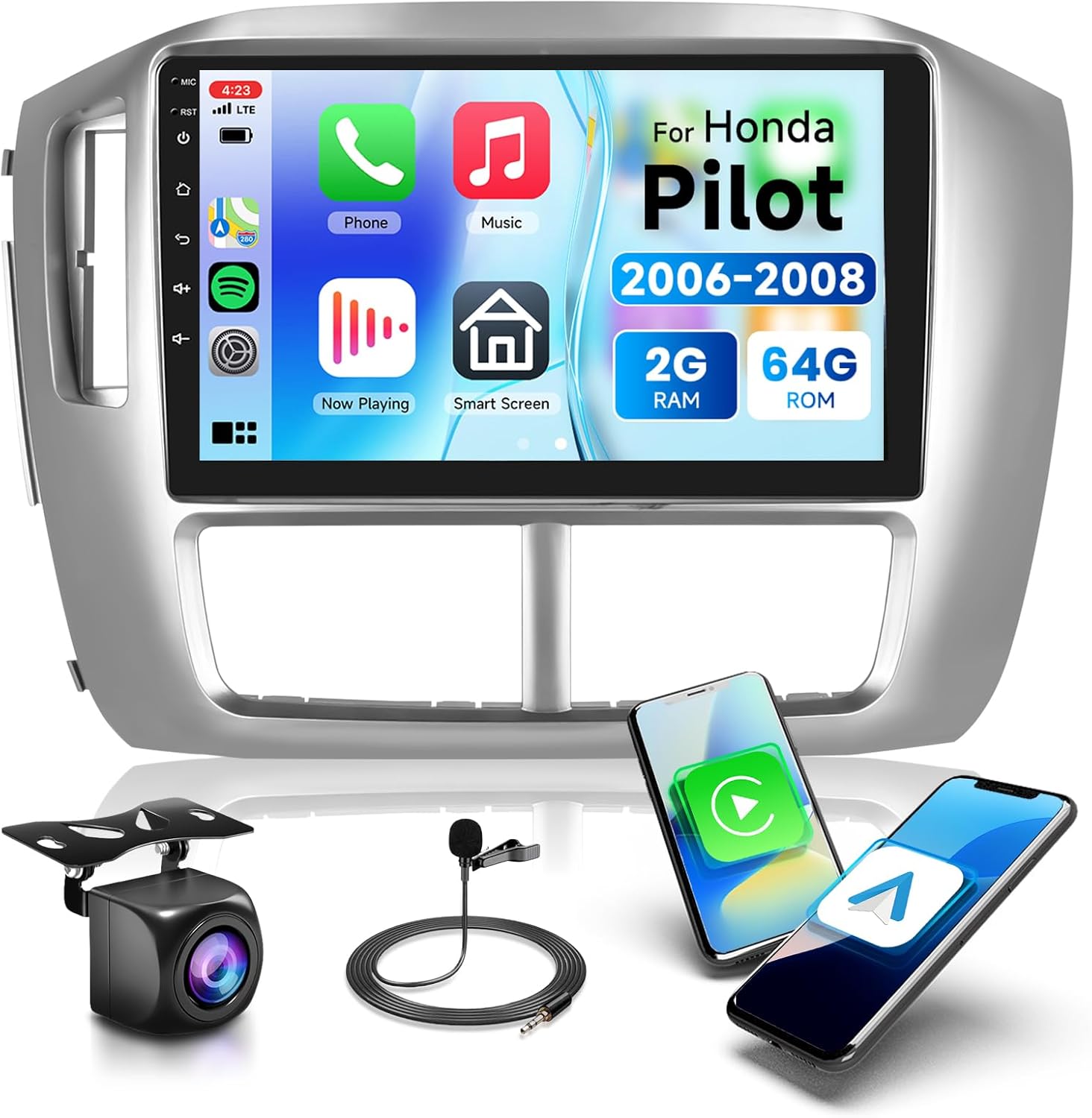 2G+64G Car Radio Stereo for Honda Pilot 2006 2007 2008, Wireless CarPlay Android Auto, 9 Inch IPS Touch Screen Android 13 GPS WiFi Bluetooth 32-Band DSP SWC AHD Camera