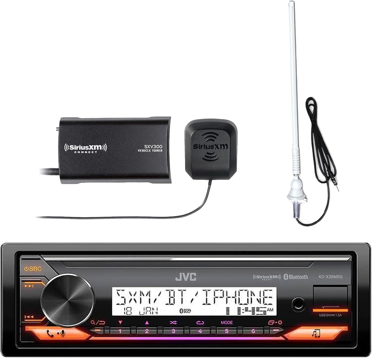 Single DIN Marine Bluetooth Stereo Receiver with Satellite Radio Vehicle Tuner Kit, Long Range AM/FM Radio Antenna (White)